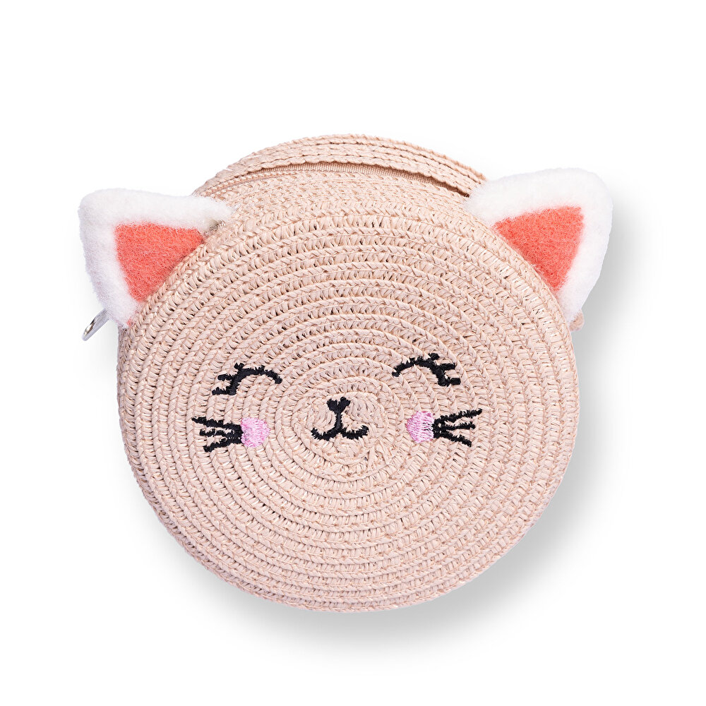 Kız Bebek Kedi Hasır Çocuk Çantası Fermuarlı