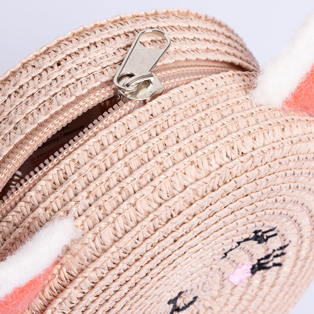 Kız Bebek Kedi Hasır Çocuk Çantası Fermuarlı