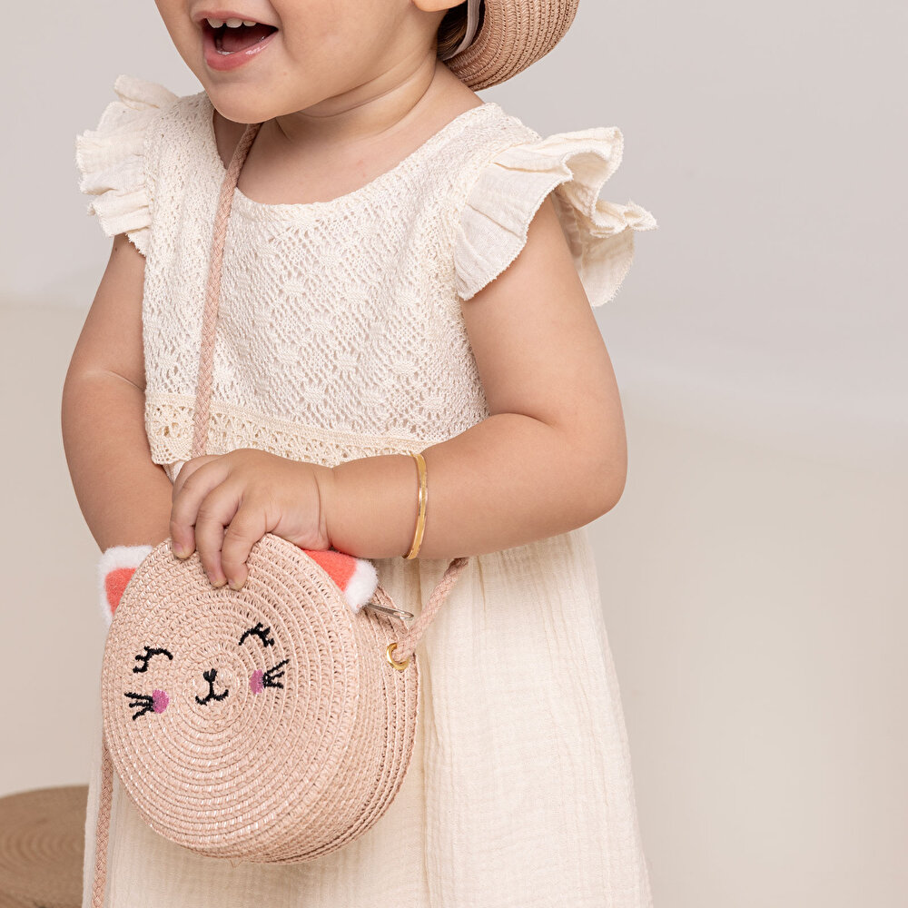 Kız Bebek Kedi Hasır Çocuk Çantası Fermuarlı