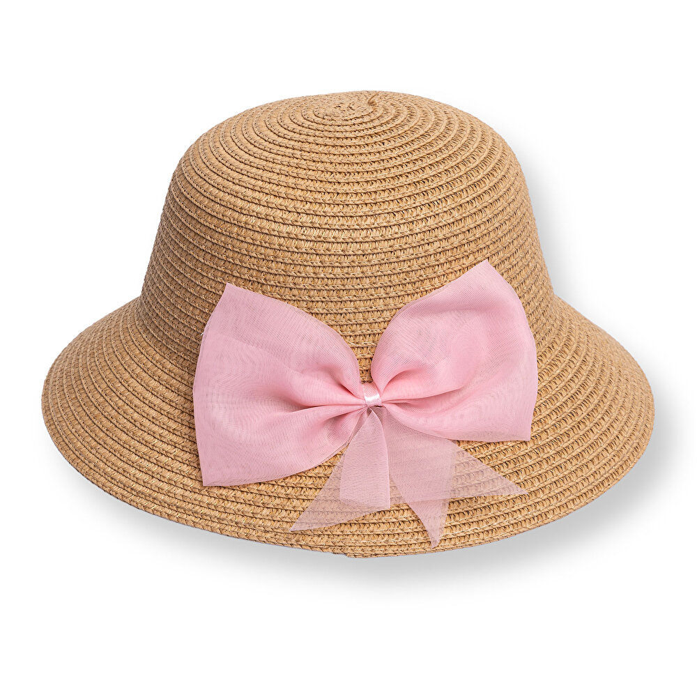 Kız Bebek Kurdeleli Hasır Bucket Şapka