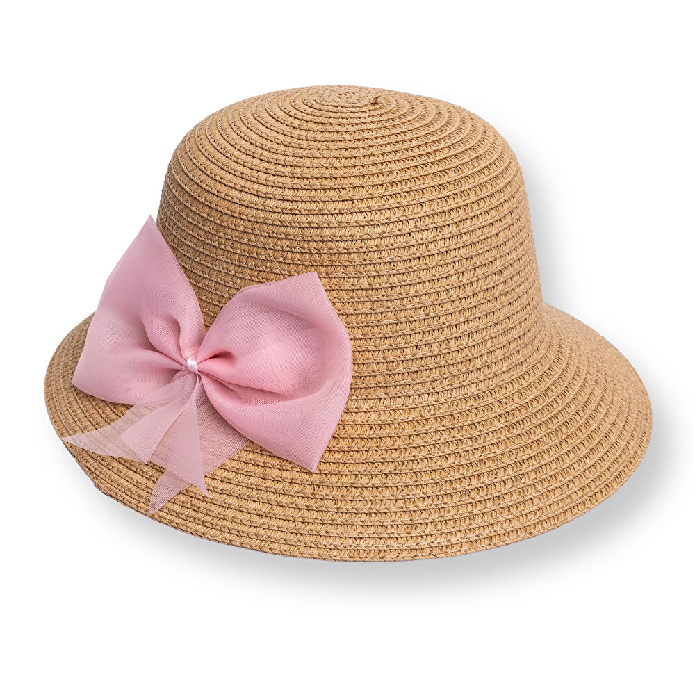 Kız Bebek Kurdeleli Hasır Bucket Şapka