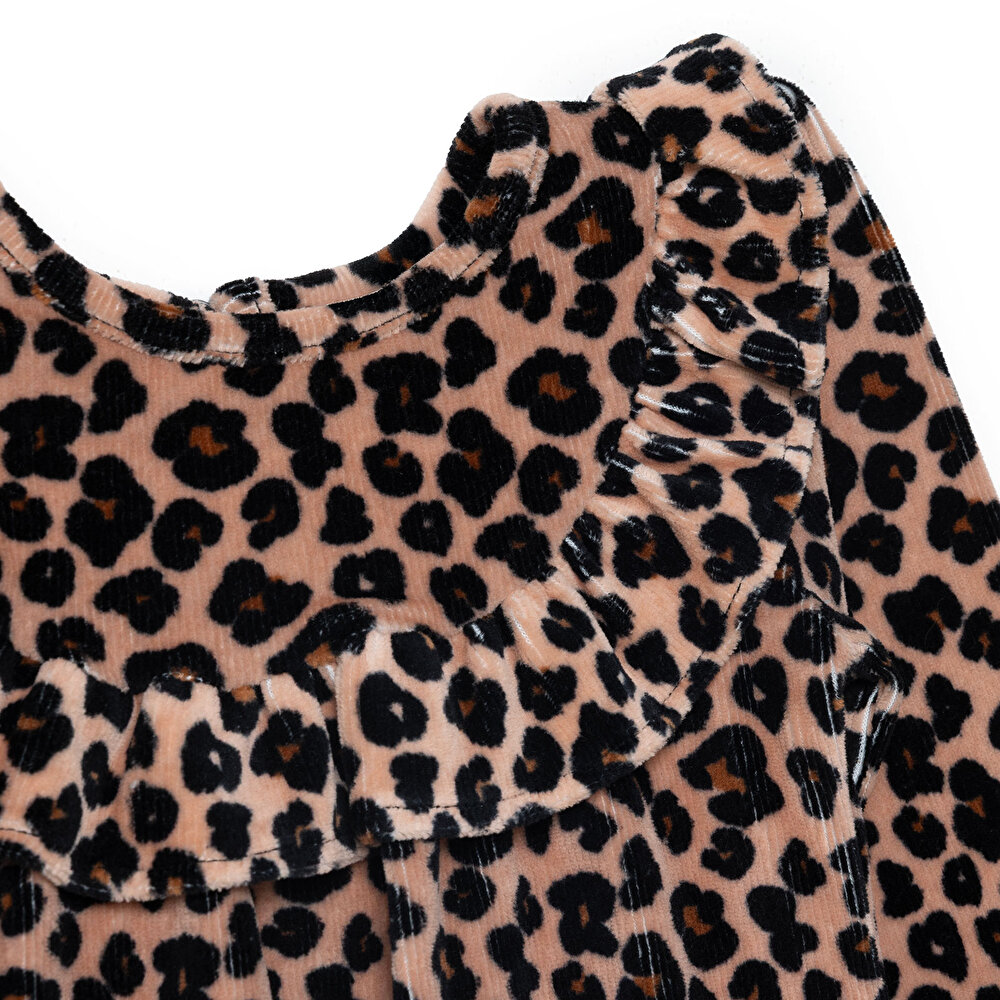 Kız Bebek Leopar Elbise Kadife Uzun Kol