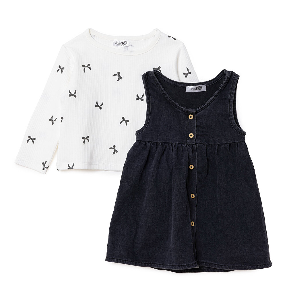 Kız Bebek Monochrome Elbise Tshirt Düğmeli Denim Atlet Kol