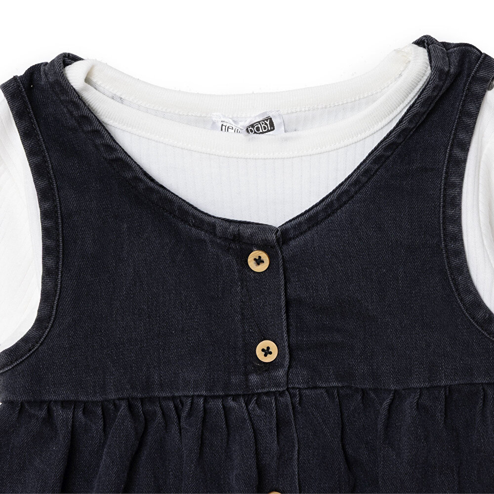 Kız Bebek Monochrome Elbise Tshirt Düğmeli Denim Atlet Kol