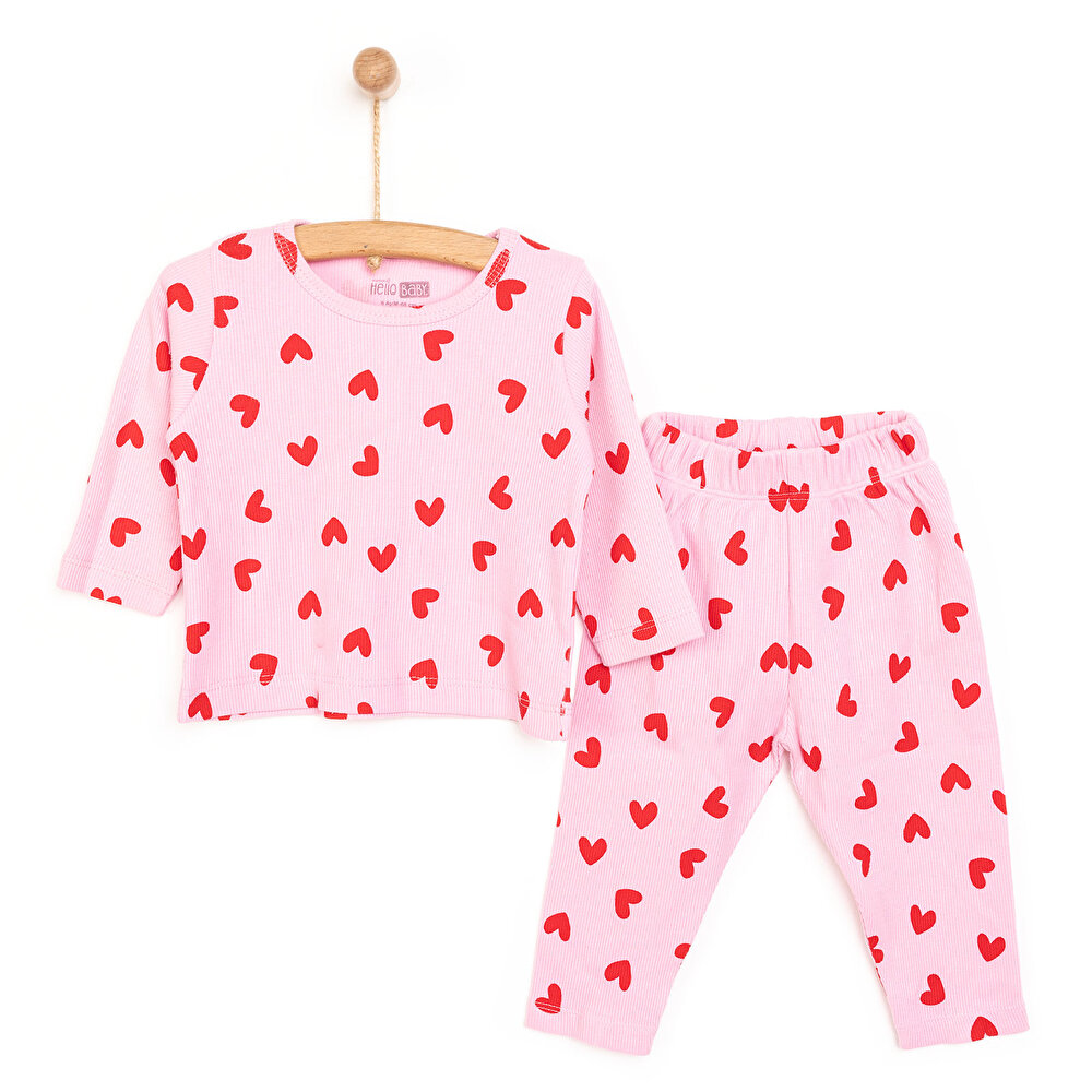 Kız Bebek Pijama Takım Kaşkorse Kalp Desen Bisiklet Yaka Uzun Kol Pembe