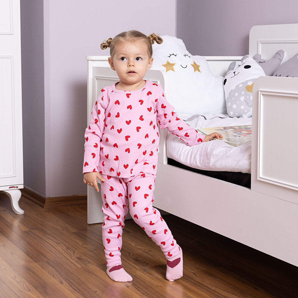 Kız Bebek Pijama Takım Kaşkorse Kalp Desen Bisiklet Yaka Uzun Kol Pembe