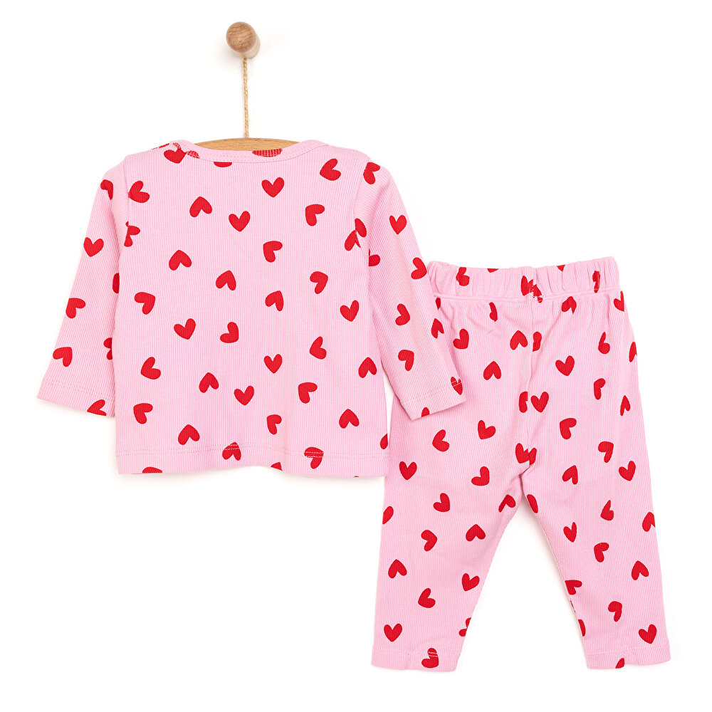 Kız Bebek Pijama Takım Kaşkorse Kalp Desen Bisiklet Yaka Uzun Kol Pembe