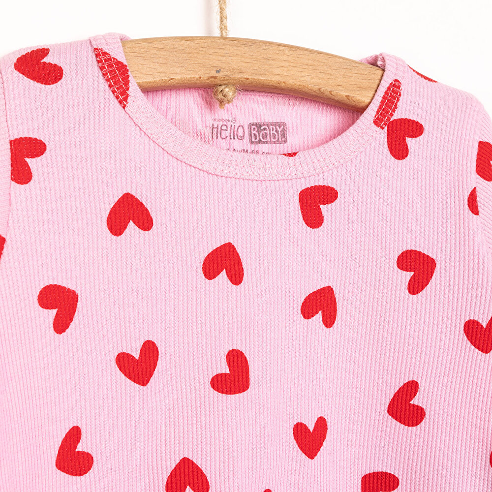 Kız Bebek Pijama Takım Kaşkorse Kalp Desen Bisiklet Yaka Uzun Kol Pembe