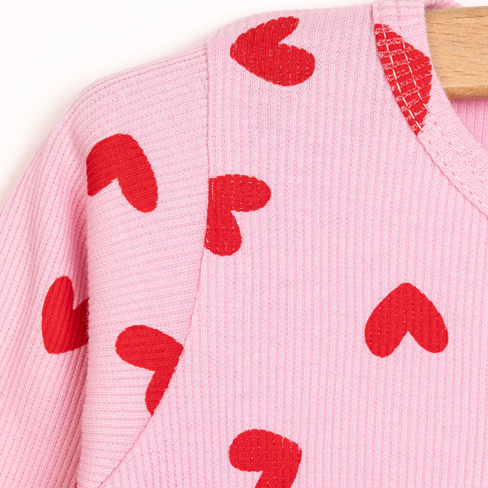 Kız Bebek Pijama Takım Kaşkorse Kalp Desen Bisiklet Yaka Uzun Kol Pembe