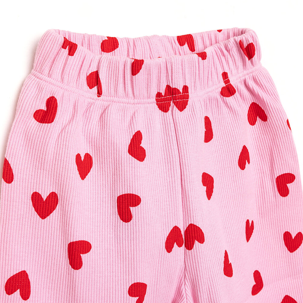 Kız Bebek Pijama Takım Kaşkorse Kalp Desen Bisiklet Yaka Uzun Kol Pembe