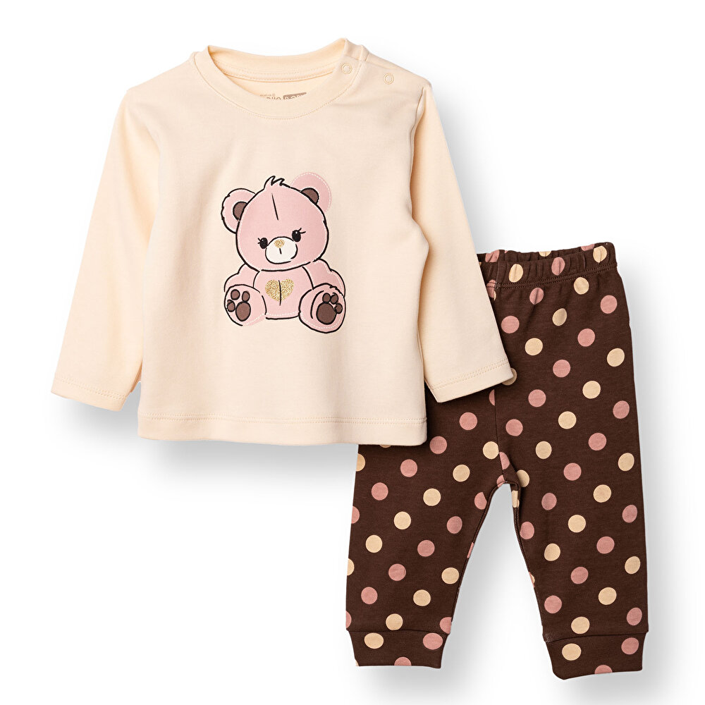 Kız Bebek Uzun Kol Pijama Takımı Çıtçıtlı Bisiklet Yaka Uzun Kol Ribanalı Paça