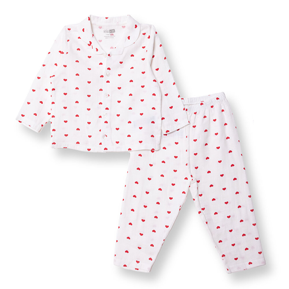 Kız Bebek Uzun Kol Pijama Takımı Düğmeli Bebe Yaka Reçme Paça