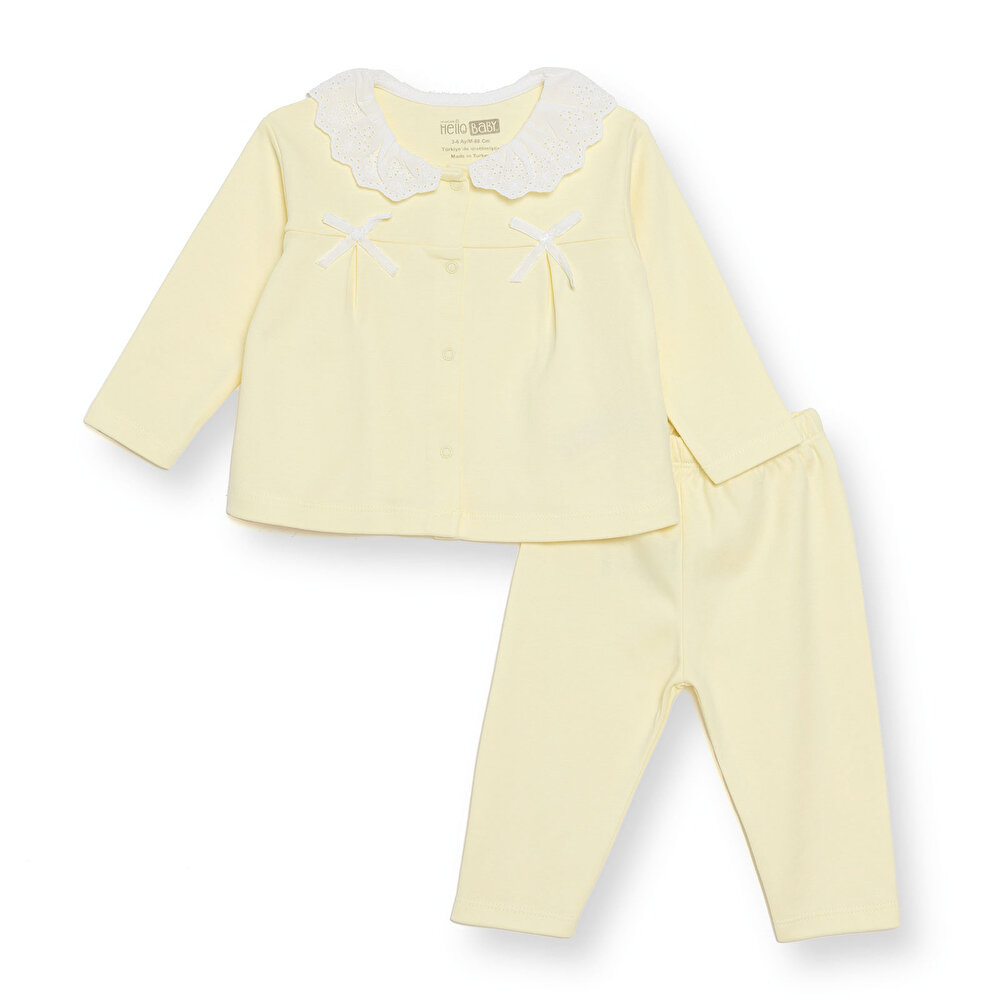 Kız Bebek Uzun Kol Pijama Takımı İnterlok Bebe Yaka Uzun Kol Reçme Paça
