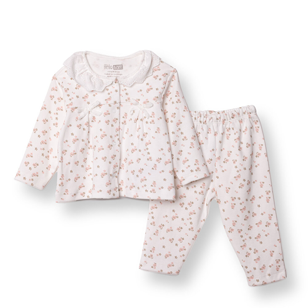 Kız Bebek Uzun Kol Pijama Takımı İnterlok Bebe Yaka Uzun Kol Reçme Paça