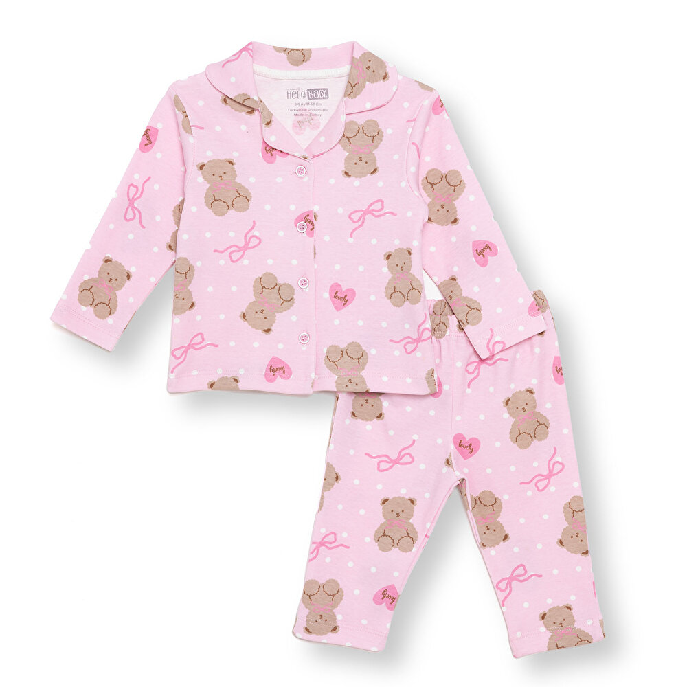 Kız Bebek Uzun Kol Pijama Takımı İnterlok Düğmeli Bebe Yaka Reçme Paça