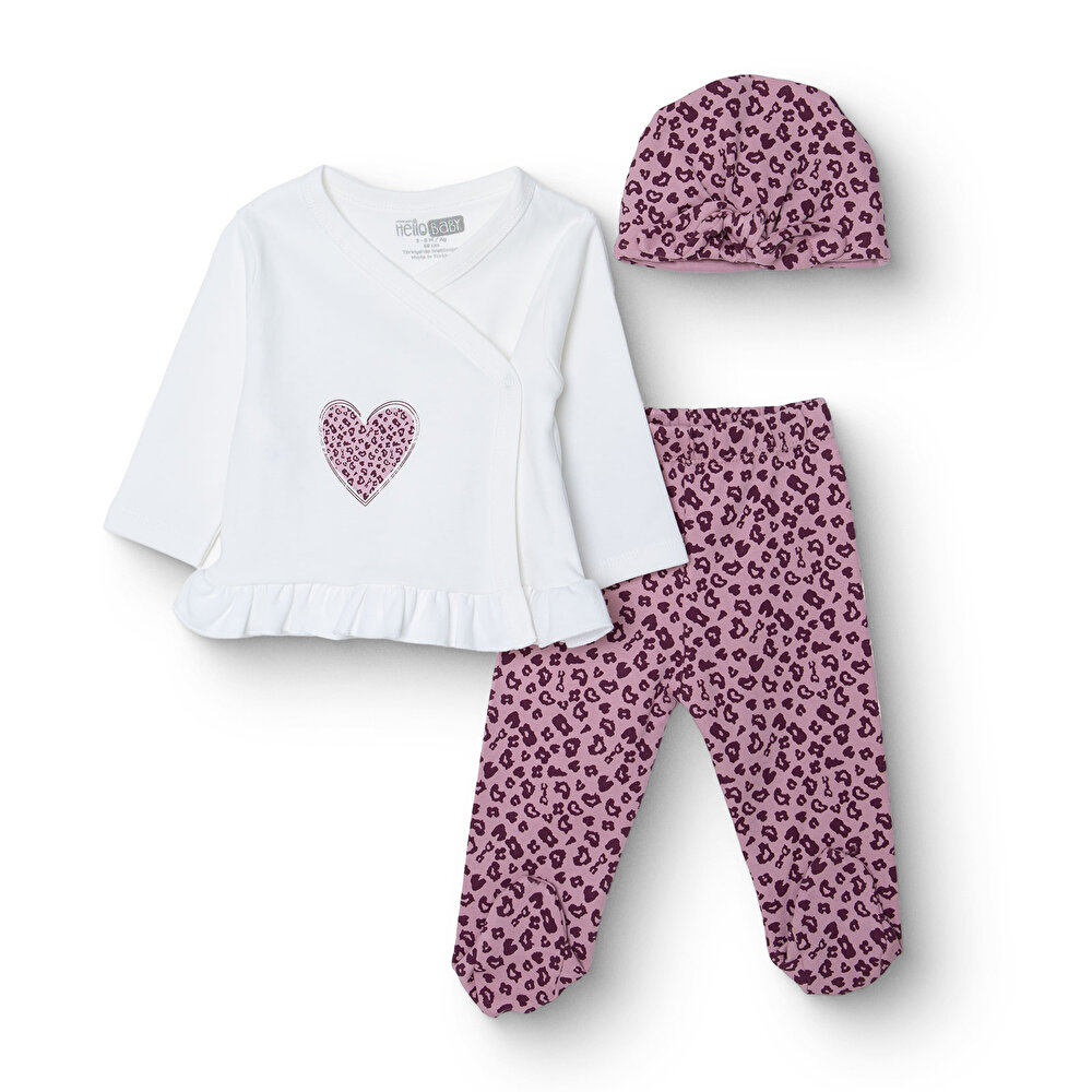 Kız Bebek Yenidoğan Zıbın-Şapka-Patikli İnterlok V Yaka Uzun Kol Patikli Paça