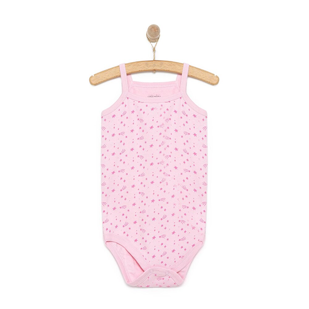 Kız Bebek Zıbın Çiçekli İp Askılı Body Ribana Kumaş Çıtçıtlı İp Askılı Kol Pembe