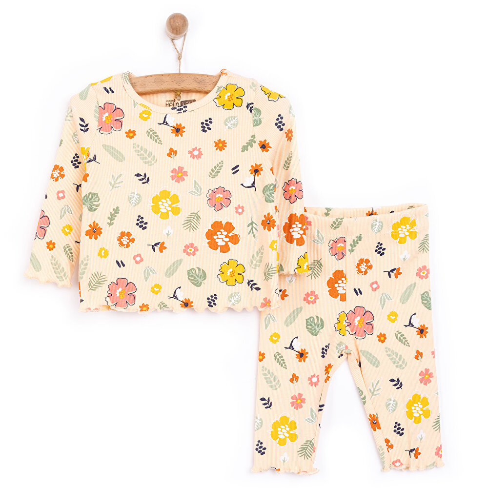 Kız Bebek Pijama Takım Kaşkorse Çiçek Desenli Bisiklet Yaka Uzun Kol Somon