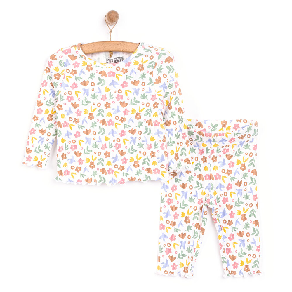 Kız Bebek Pijama Takım Kaşkorse Çiçek Desenli Bisiklet Yaka Uzun Kollu Ekru