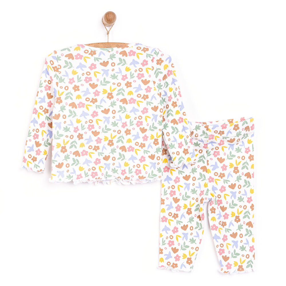 Kız Bebek Pijama Takım Kaşkorse Çiçek Desenli Bisiklet Yaka Uzun Kollu Ekru