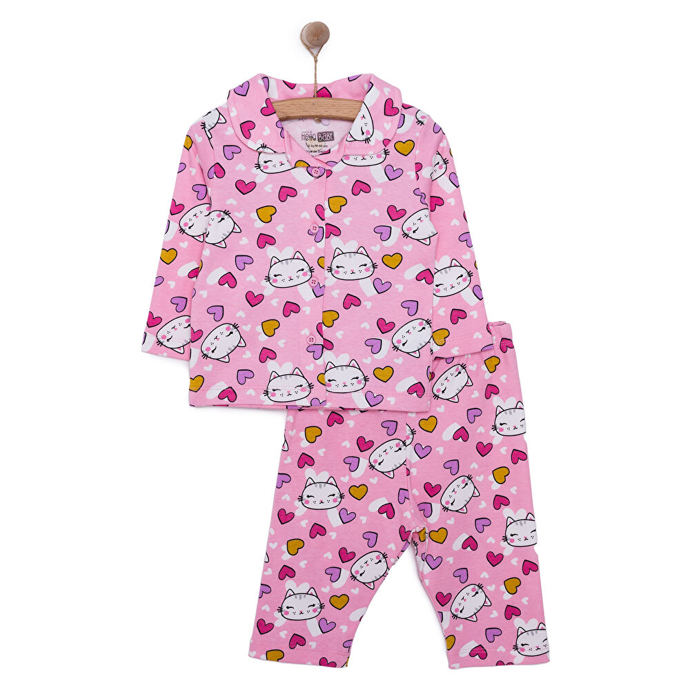Kız Kedi Desenli Gömlek Yaka Pijama Takımı