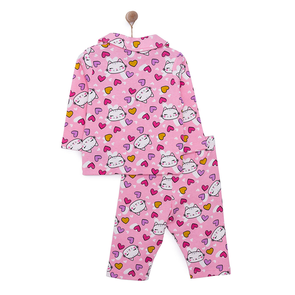 Kız Kedi Desenli Gömlek Yaka Pijama Takımı