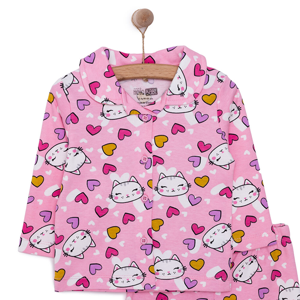 Kız Kedi Desenli Gömlek Yaka Pijama Takımı