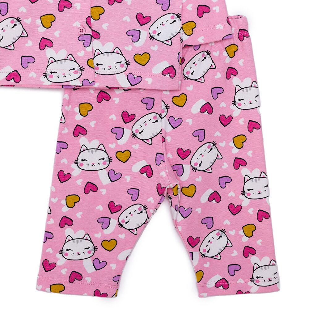Kız Kedi Desenli Gömlek Yaka Pijama Takımı