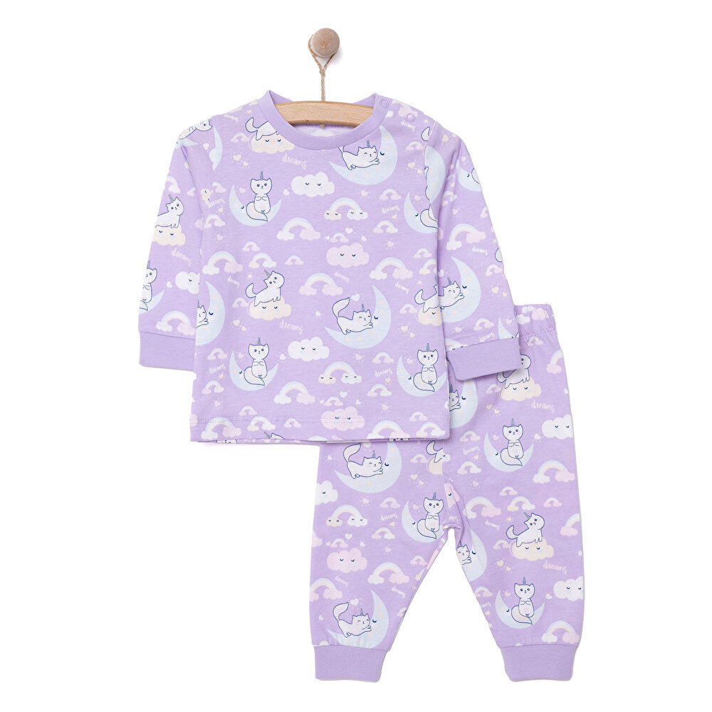 Kız Kedi Desenli Uzun Kol Pijama Takımı