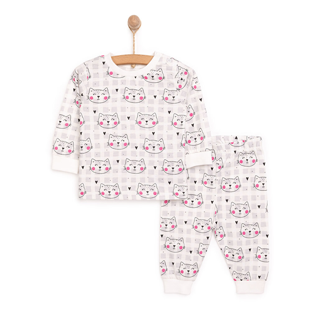 Kız Kedi Desenli Uzun Kol Pijama Takımı