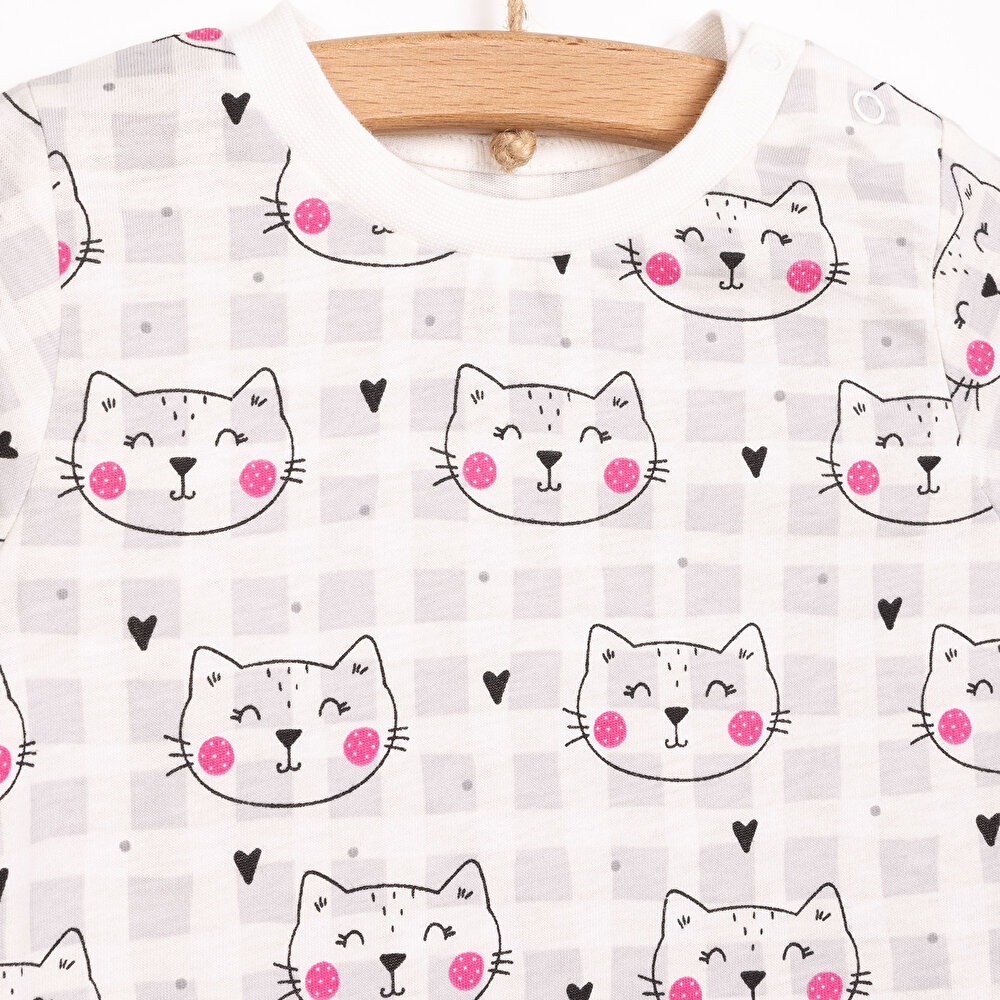 Kız Kedi Desenli Uzun Kol Pijama Takımı