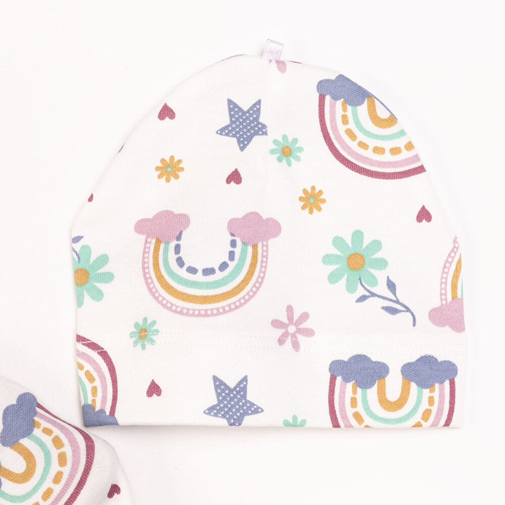 Kız Bebek Yenidoğan Tulum Body Şapka %100 Pamuk Çıtçıtlı Bisiklet Yaka Uzun Kol Patikli Ekru