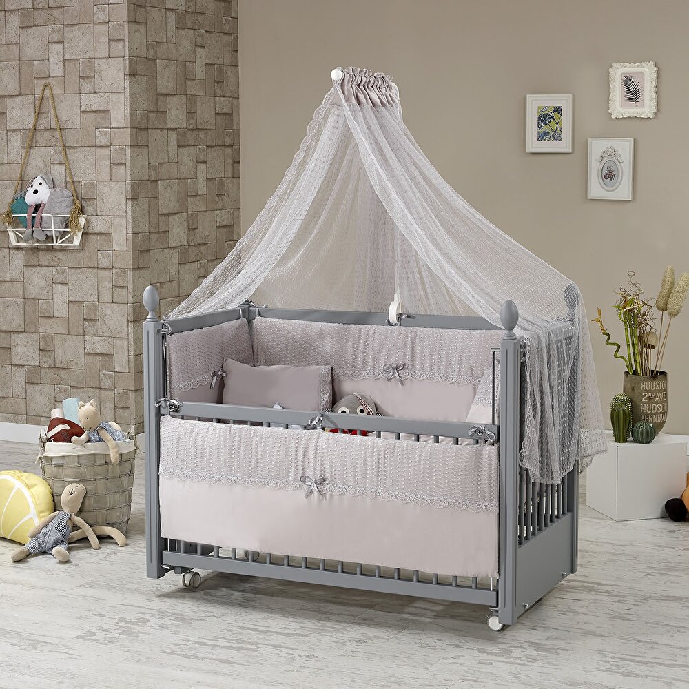 Kral Anne Yanı Ahşap Sallanır ve Asansörlü Beşik Gri 60x120 cm