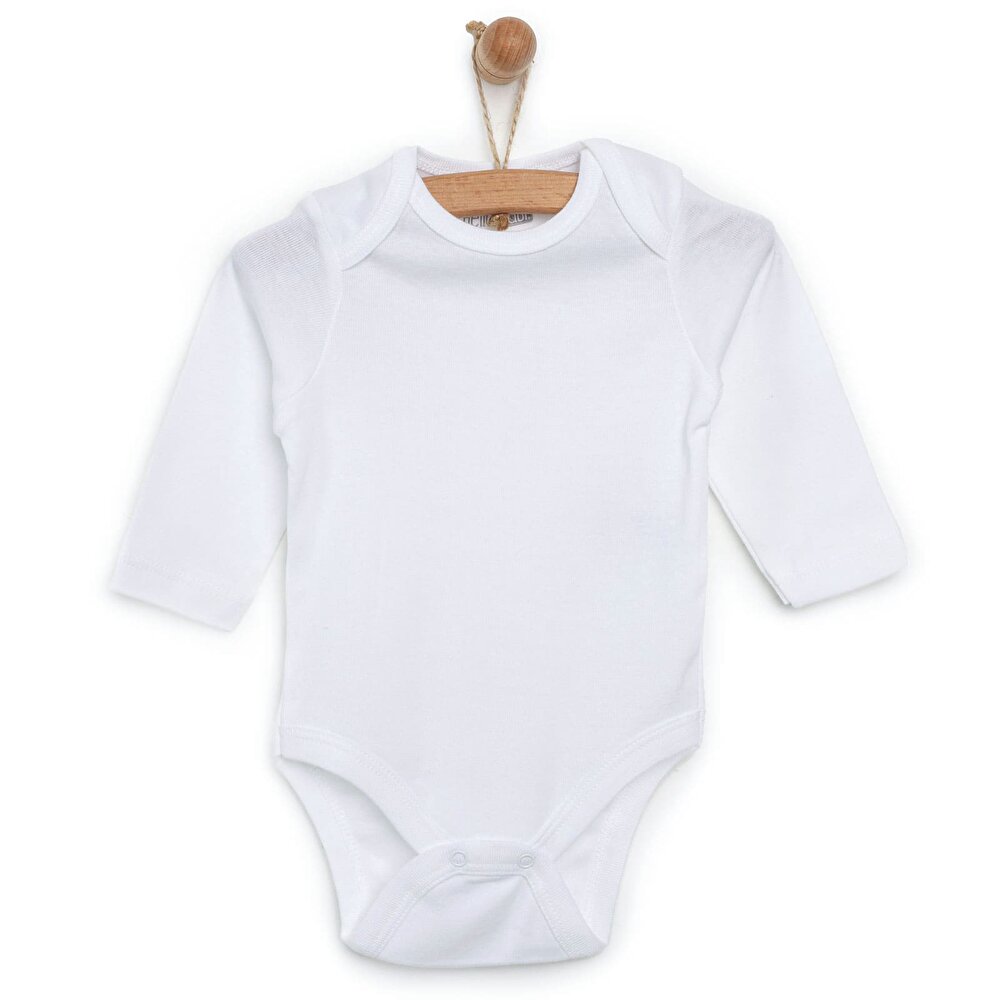 Unisex Beyaz Body Ribana Kumaş Çıtçıtlı Zıbın Bisiklet Yaka Uzun Kol Beyaz