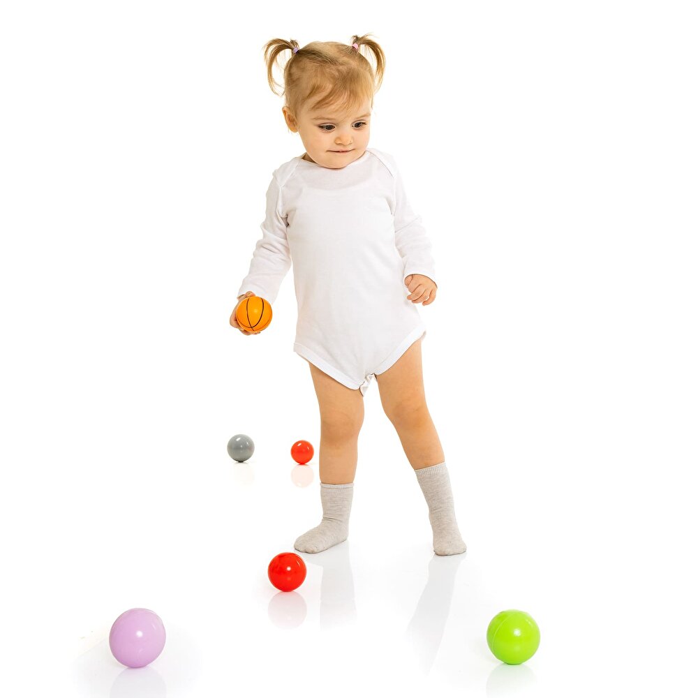 Unisex Beyaz Body Ribana Kumaş Çıtçıtlı Zıbın Zarf Yaka Uzun Kol Beyaz