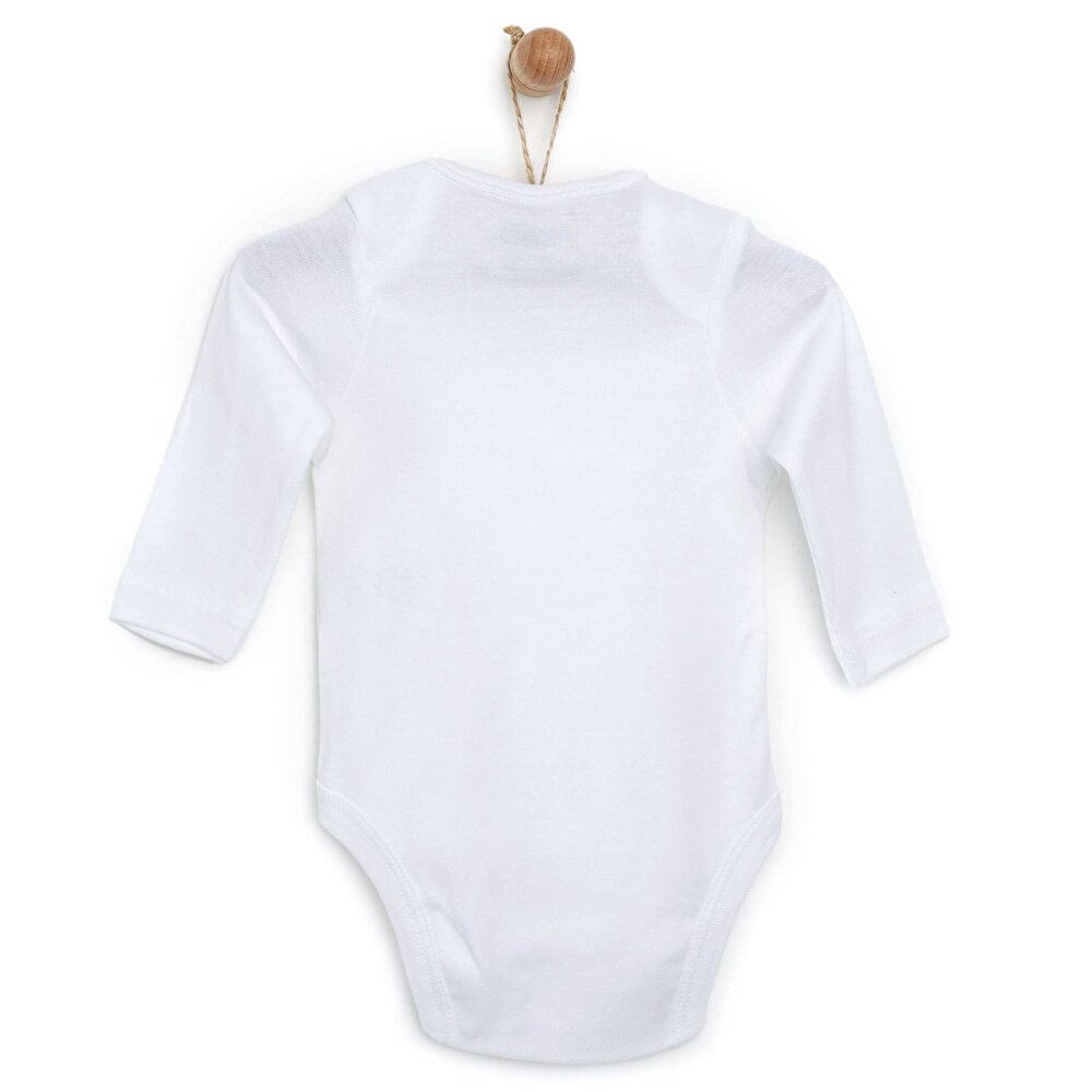 Unisex Beyaz Body Ribana Kumaş Çıtçıtlı Zıbın Zarf Yaka Uzun Kol Beyaz