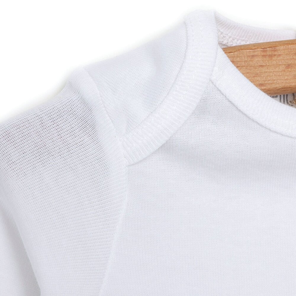 Unisex Beyaz Body Ribana Kumaş Çıtçıtlı Zıbın Zarf Yaka Uzun Kol Beyaz