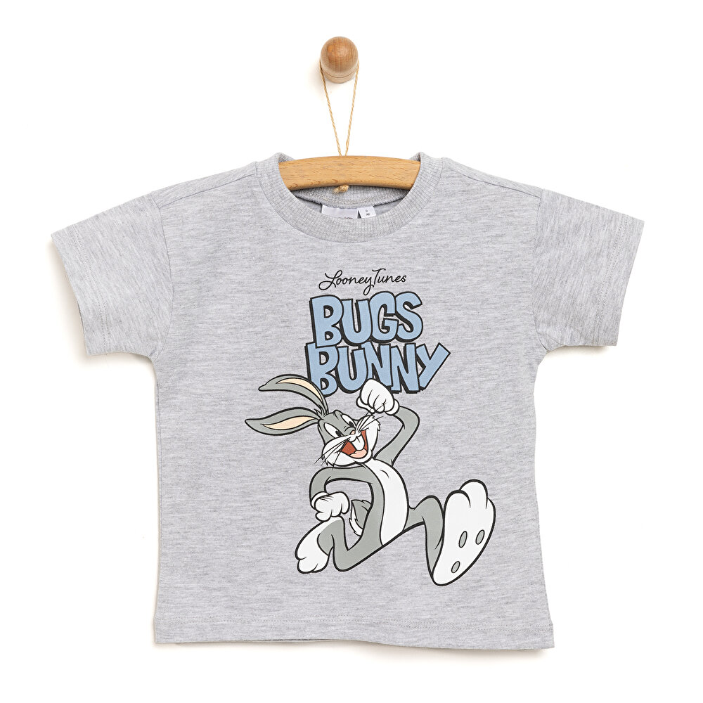 Erkek Bebek Tshirt Tavşan Desenli Bugs Bunny Temalı Bisiklet Yaka Kısa Kol Gri Melanj