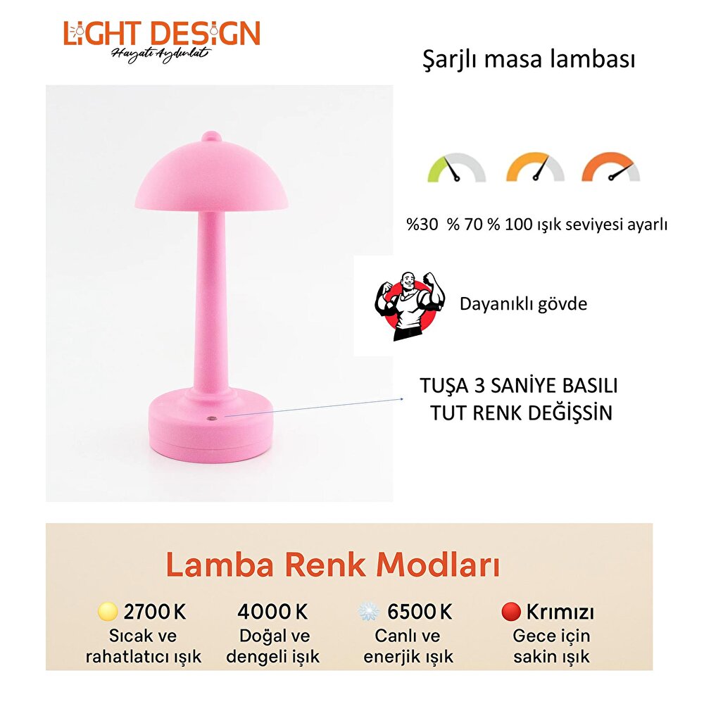 Şarjlı ve 3 Kademe Işık Ayarlı Masa Lambası Mavi