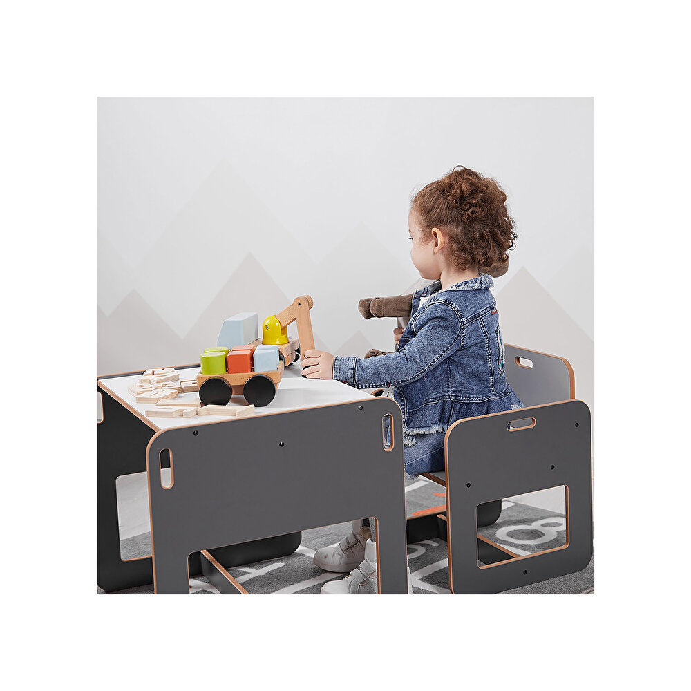 Ahşap Montessori Çocuk Oyun Masa ve Saldaye Antrasit