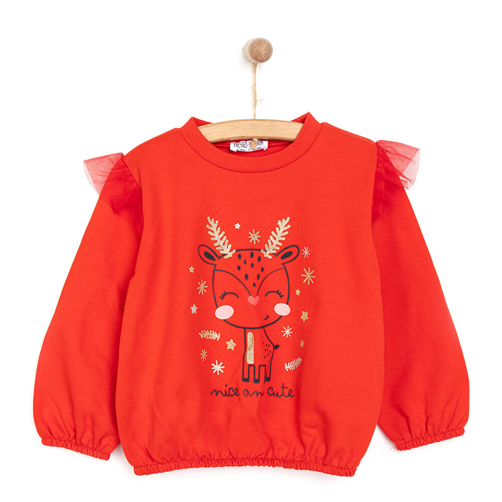 Kız Bebek Sweatshirt İki İplik Kumaş New Year Party Bisiklet Yaka Uzun Kol Kırmızı