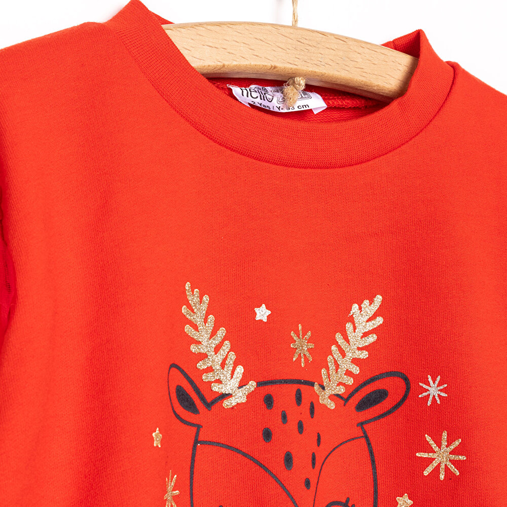 Kız Bebek Sweatshirt İki İplik Kumaş New Year Party Bisiklet Yaka Uzun Kol Kırmızı