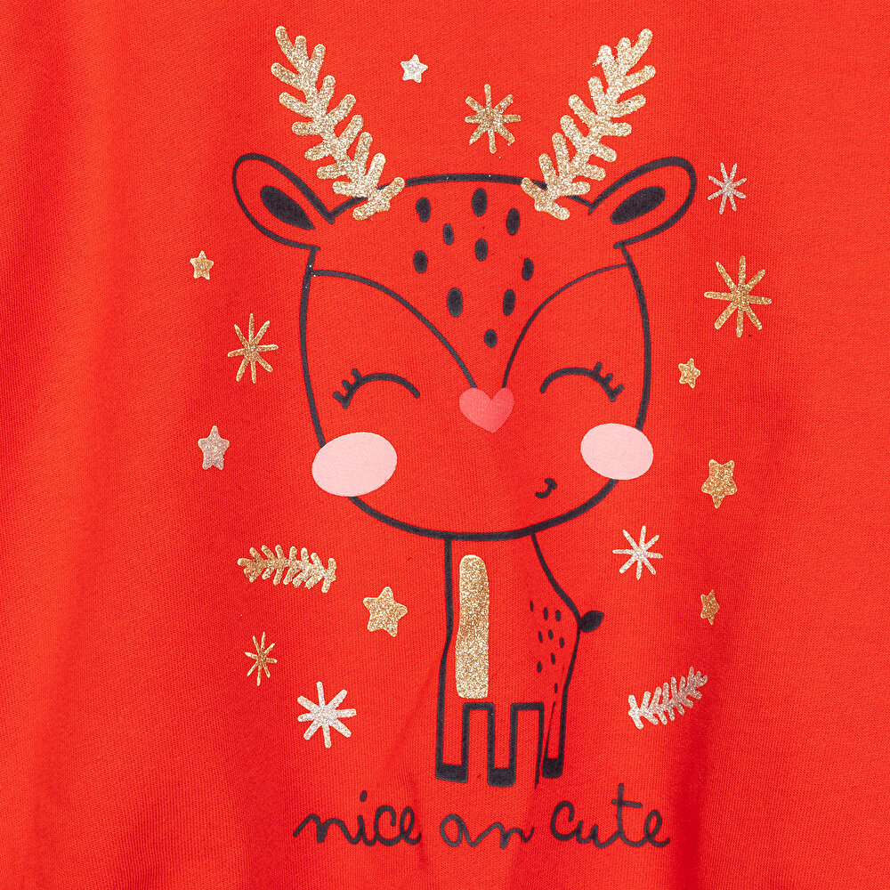 Kız Bebek Sweatshirt İki İplik Kumaş New Year Party Bisiklet Yaka Uzun Kol Kırmızı