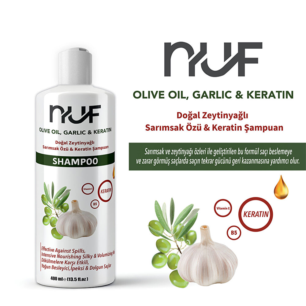 Nuf Doğal Zeytinyağlı, Keratinli ve Sarımsaklı Yetişkin Şampuan  400 mL