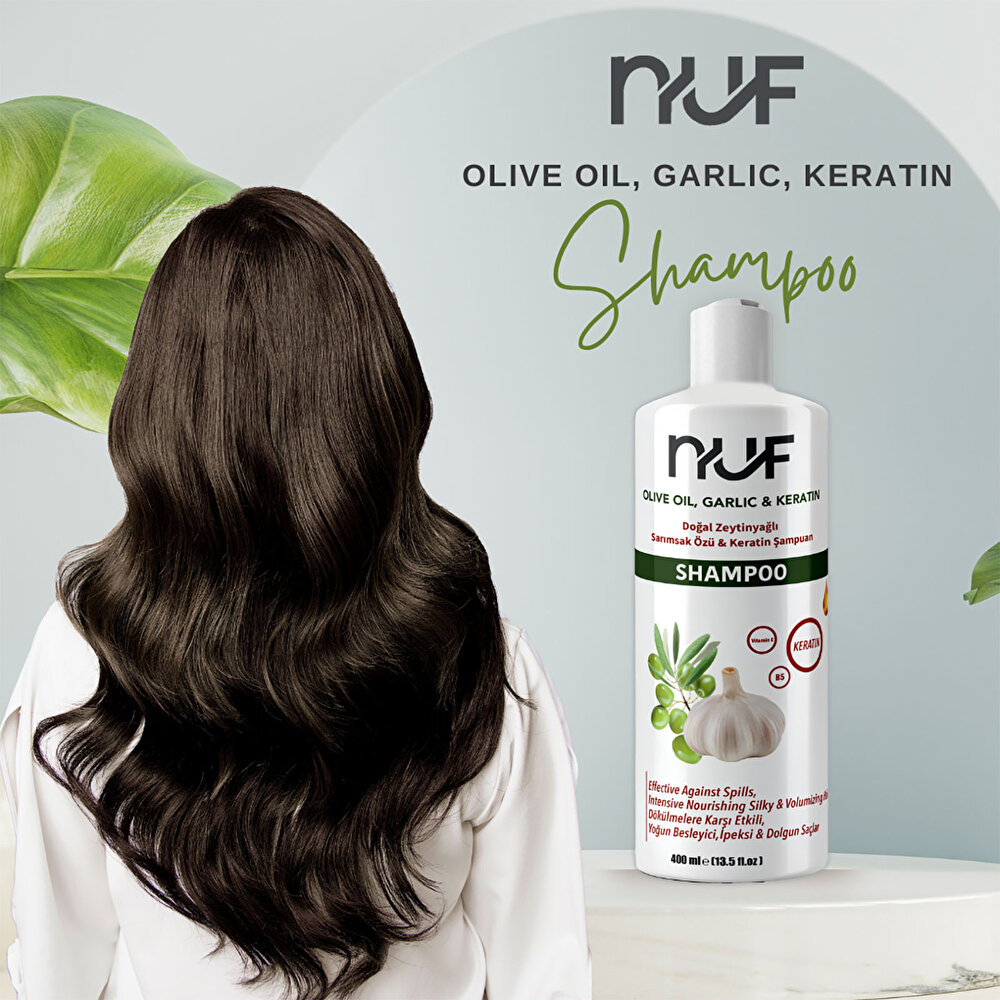 Nuf Doğal Zeytinyağlı, Keratinli ve Sarımsaklı Yetişkin Şampuan  400 mL