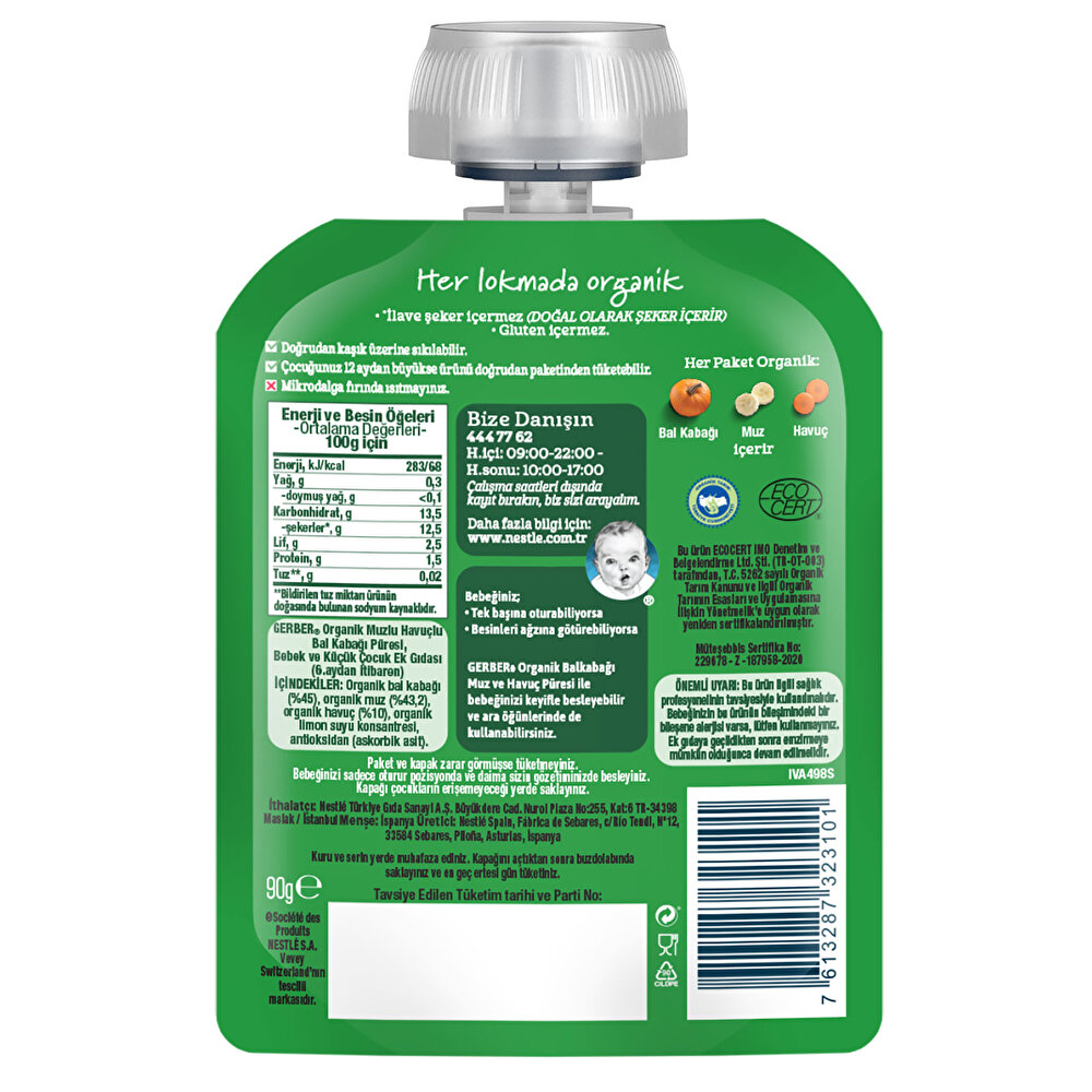 Organik Balkabaklı Muzlu Havuçlu Meyve Püresi 90 gr