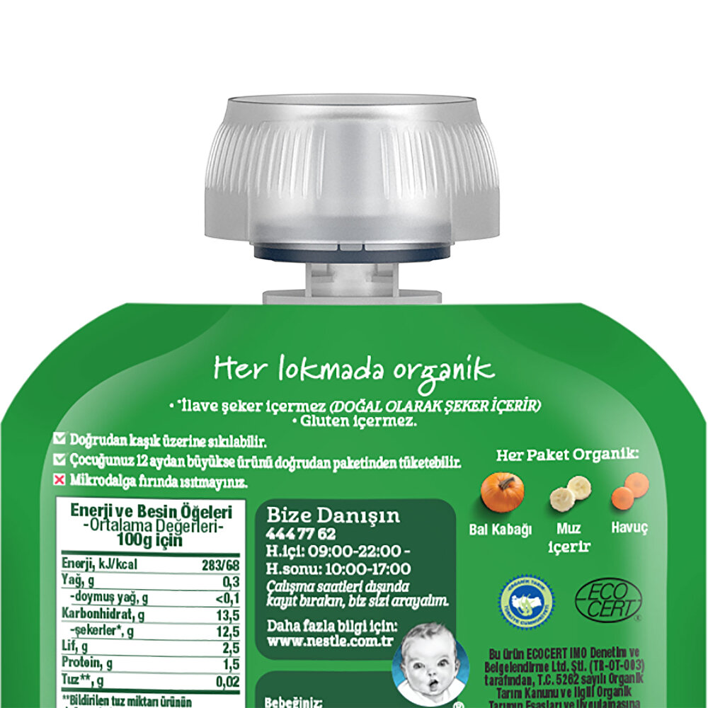 Organik Balkabaklı Muzlu Havuçlu Meyve Püresi 90 gr