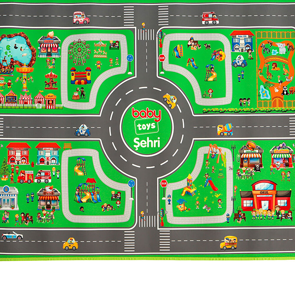 Oyun Şehri Bebek Halısı Yol Desenli Oyun Matı (100x150 cm)