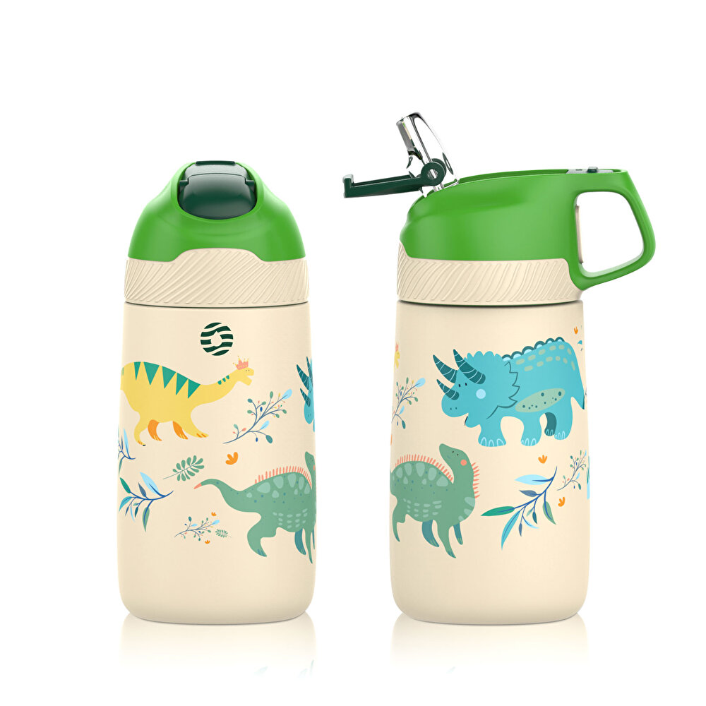 Paslanmaz Çelik, Pipetli, Kilitlenebilir Çocuk Matarası 350 ml-Krem Dinozor