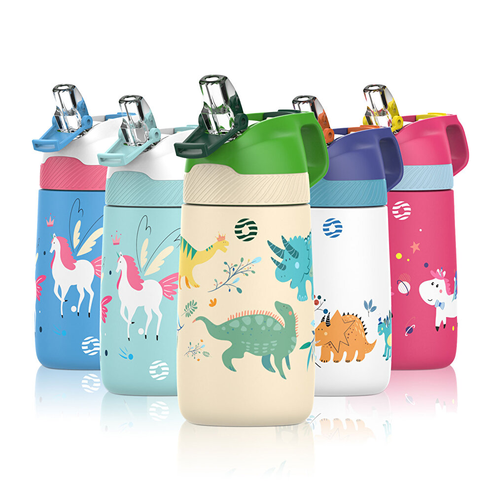 Paslanmaz Çelik, Pipetli, Kilitlenebilir Çocuk Matarası 350 ml-Krem Dinozor